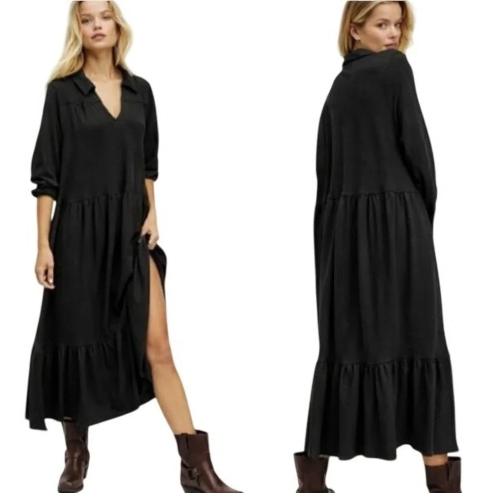 Free People‎ Moonlight Midi Dress Small Black Hemp Cotton Tiered Beach Oversized